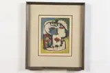 American School, Untitled, Abstract Head with flower, handcolored woodcut illegibly signed and dated 1958 in the bottom right hand corner