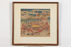 Japanese School, HAND-COLORED AND GILDED WOODCUT OF THE DEATH OF THE HISTORICAL BUDDHA (NEHANZU), handcolored and gilded woodcut showing numerous lay persons, monks, deities, birds and animals, HAND-COLORED AND GILDED WOODCUT