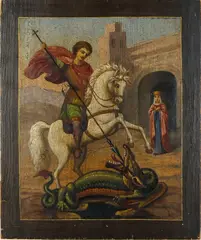 Belarusian School, St George Slaying the Dragon, late 19th century handpainted religious Icon, Oil on panel