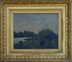 Marcellin de Groiseilliez, Landscape with Figures by French River in Summertime, Oil on canvas