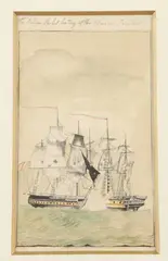 Untitled by John Butterworth, The Windsor Packet beeting off the French Privateer, 1794, pen and watercolor. signed lower left hand side "J Butterwort, sold Sep 2021