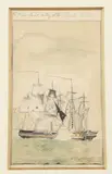 John Butterworth, Untitled, The Windsor Packet beeting off the French Privateer, 1794, pen and watercolor. signed lower left hand side "J Butterworth, 1794."