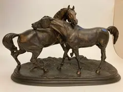Casting After J.P. Mene, Two Horses, Bronze on a metal base. - length 22 in; height: 13.5 in