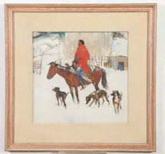 Laverne Nelson Black, Indian Rider with Dogs in Snowy Landscape, Oil on paper