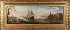 Charles Leopold Grevenbroeck, Mediterranean Harbour with Horsemen, Oil on Canvas