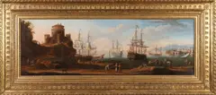 Charles Leopold Grevenbroeck, Mediterranean Harbour with a Castle, Oil on Canvas