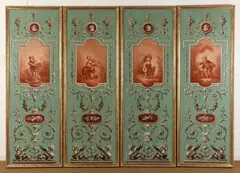 Jean-Marie Dussaux, Set of Four Handpainted Panels after Drawings by Jean Demosthene Dugourc, circa 1780-72, Oil on canvas wall panels with central medallions