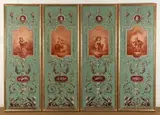 Jean-Marie Dussaux, Set of Four Handpainted Panels after Drawings by Jean Demosthene Dugourc, circa 1780-72, Oil on canvas wall panels with central medallions