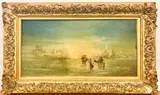 Landscape with Figures and Camels by English School, Oil on board . 19th century label on reverse printed "Reeves & Sons, sold Nov 2021