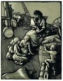 Allen Lewis, Young Family On A Ship, circa 1931, This two-colour woodcut was one of four commissioned as illustrations for Rachel Field's 'Calico Bush' (printed by Stratford Press for MacMillan in November 1931)