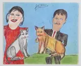 Shields Landon Jones, Portrait of Couple with Cats, Ink, colored marker, crayon and pastel on paper