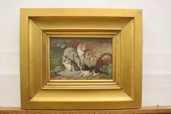 Benno Kogl, Untitled, FOUR CATS WITH GRAY BLANKET AND BASKET, oil on board