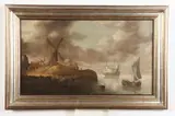 Harbor Scene and Windmill by A Follower Of Jan van Goyen, Oil on board, sold Nov 2021