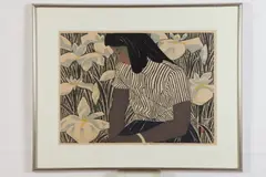 Hashimoto Okiie, Ayame to Shojo (Girl with Iris), 1955, Pencil signed and dated lower right hand corner