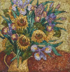 Nadezhda Stupina, Untitled, b.1967) 'Sunflowers and Irises' oil on canvas 90 x 90cm