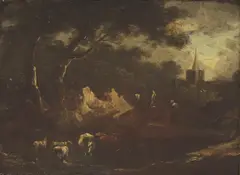 Benjamin Barker, Untitled, a church in the distance oil on panel 18.2 x 24.2cm