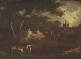 Benjamin Barker, Untitled, a church in the distance oil on panel 18.2 x 24.2cm
