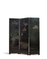 Jean Dunand, Three Panel Screen, lacquered wood, one panel engraved 'JEAN DUNAND'