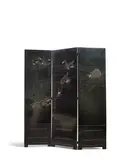 Jean Dunand, Three Panel Screen, lacquered wood, one panel engraved 'JEAN DUNAND'