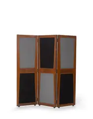 Three Panel Room Screen by Pierre Jeanneret, teak, fabric, with hand applied and painted stencil marks 'CL, offered Oct 2018