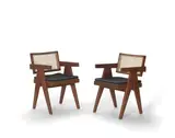 Pierre Jeanneret, Pair of Office Armchairs, teak, cane, upholstery, both with hand applied and painted stencil marks 'T