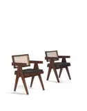 Pierre Jeanneret, Pair of Office Armchairs, teak, cane, upholstery, one chair with hand applied and painted stencil mark 'MJ'