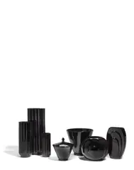 George Sakier, Group of Six Vases and a Covered Jar, for Fostoria Glass Company, mold blown glass, two bearing Fostoria paper labels