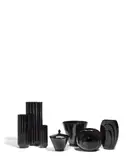 George Sakier, Group of Six Vases and a Covered Jar, for Fostoria Glass Company, mold blown glass, two bearing Fostoria paper labels