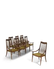 Sam Maloof, Set of Eight Spindle Back Dining Chairs, oak, wool upholstery, branded 'designed made MALOOF california', with impressed numbers and family name 'NAKAMOTO'