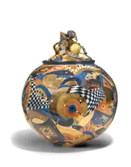 Ralph Bacerra, Untitled (Lidded Sphere), earthenware with over-glazed enamels and metallic lusters, signed 'Bacerra' and dated '2001' on underside