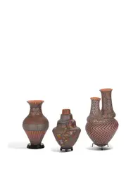 Ricky Maldonado, Group of Three Vases, slip glazed coil built terracotta, one initialed on underside 'RM'