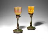 Tiffany Studios, Pair of Mantle Lamps, patinated bronze, Favrile glass, the shades engraved 'L