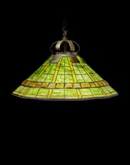 Tiffany Studios, Rare Geometric Turtle-Back Banded Hanging Lamp, leaded glass, Favrile glass, patinated bronze