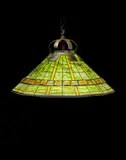 Rare Geometric Turtle-Back Banded Hanging Lamp by Tiffany Studios, leaded glass, Favrile glass, patinated bronze, sold Dec 2018