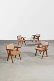 Pierre Jeanneret, Pair of Office Armchairs, designed 1955-56, teak, cane, painted stencil to each 'P