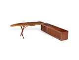 George Nakashima, Rare Hanging Wall Case with Cross-Legged Return, American black walnut, English burl walnut with free edges and butterfly joint, pandanus cloth, ink mark 'Dr Weiss'