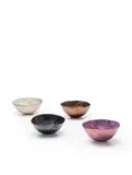 Fausto Melotti, Group of four Coppetta, iridescent pink, pink/cream, copper/blue and heavy iridescent brown glazed stoneware, underside of each painted with seven glaze dots