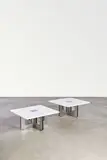 Osvaldo Borsani, Pair of Occasional Tables, model T110 with adaptations, designed 1965, for Tecno, marble, brushed steel, painted wood