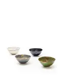 Fausto Melotti, Group of four Coppetta, blue/grey, mottled navy blue, green/gold and cream glazed stoneware, underside of each painted with seven glaze dots