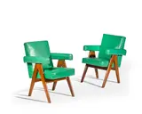 Pair of Committee Armchairs by Pierre Jeanneret, teak, green coloured leather upholstery, brass, painted number '881' to one, and '923' the other, sold Jun 2018