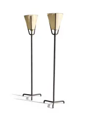 French Modern, Pair of Floor Lamps, leather, brass, steel, paper