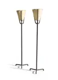 French Modern, Pair of Floor Lamps, leather, brass, steel, paper