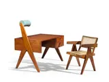 Rare Writing Table with Light by Pierre Jeanneret, together with an Office Armchair, teak, cane, enameled steel, painted marks to chair 'I, sold Jun 2018