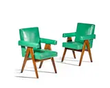 Pair of Committee Armchairs by Pierre Jeanneret, teak, green coloured leather upholstery, brass, painted marks '786' and '75', sold Jun 2018