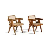 Pierre Jeanneret, Pair of Office Armchairs, teak, cane, together with later upholstered cushions, painted stencil to each 'S