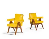 Pair of Committee Armchairs by Pierre Jeanneret, teak, mustard coloured leather upholstery, brass, painted mark to one chair '371', sold Jun 2018