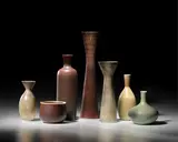 Carl-Harry Stålhane, Group of Seven Vases, for Rörstrand, matte crystalline and haresfur glazed stoneware, incised 'R' with three crowns 'SWEDEN CHS'