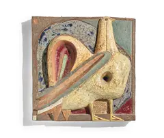 The Rooster by Tyra Lundgren, unique plaque for Gustavsberg, stoneware with matte and gloss glazes, impressed 'GUSTAVSBERG' and with museum acquisitio, sold Jun 2018