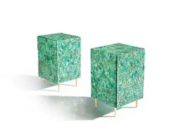 Kam Tin, Pair of Bedside Cabinets, turquoise, brass, lacquered wood, cast metal label to each 'K'