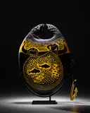 William Morris, Fish Trap (Oval with Amber Hook), blown and lamp worked glass, enameled steel stand, glass engraved 'William Morris 07'